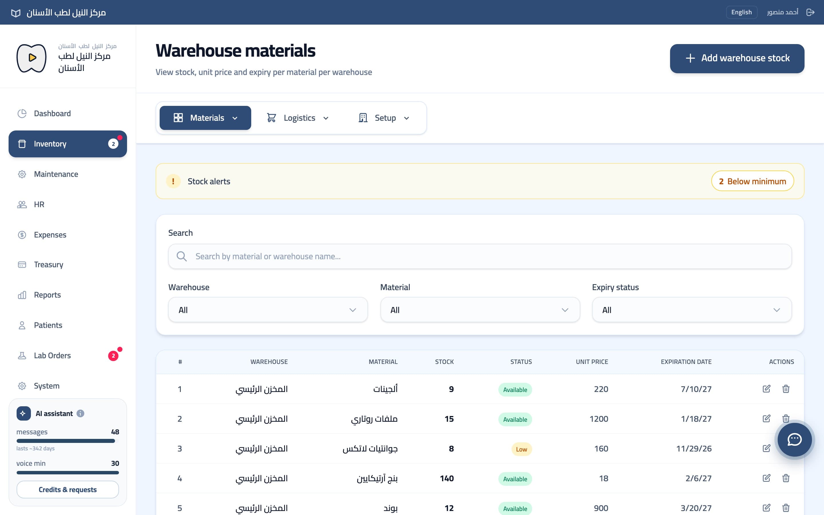 Inventory with stock levels, unit prices and expiry dates